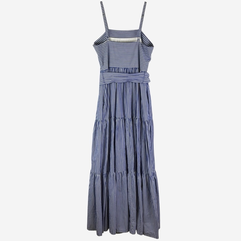 J Crew Cotton Poplin Tiered Maxi Dress Size 0 Striped Blue White Tie Waist - Picture 6 of 13